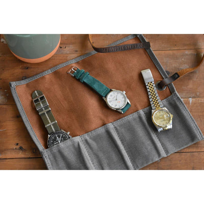 Khaki & Tan Waxed Canvas & Velvet Watch Roll - Four Slots - The Sydney Strap Co.